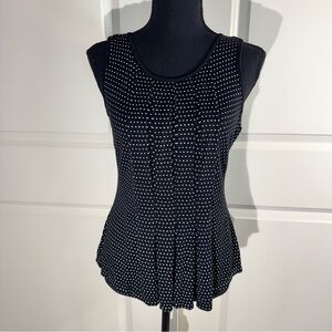 Max Studio Black Sleeveless Top with White Polka Dots and Pleated Detail Medium